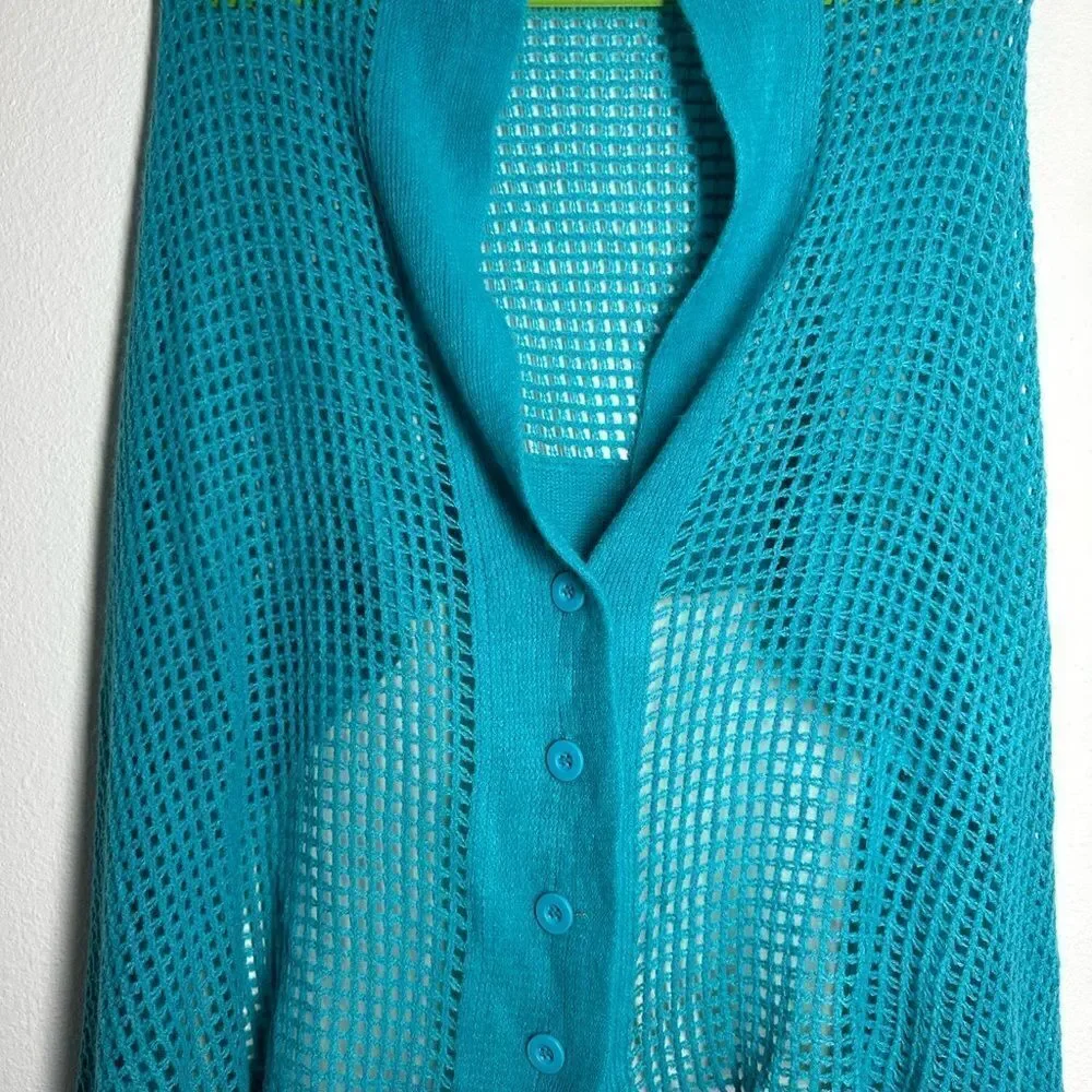 Fishnet Knit Button Up Cardishawl, Teal, Blue, OS